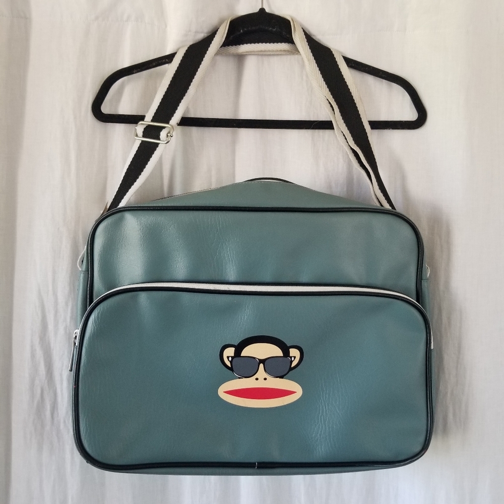 Paul Frank Teal Faux Leather Laptop Bag with Striped Strap and Monkey Motif
